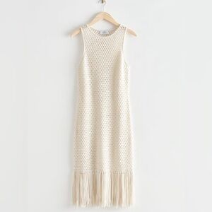 NWT & OTHER STORIES Crochet Fringe Wool & Cotton Midi Dress In Offwhite XS